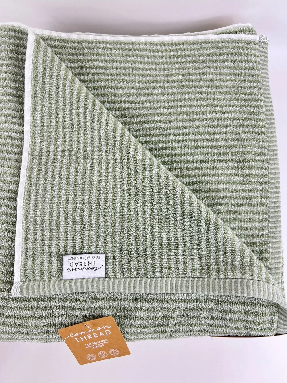 Common Thread Bamboo Bath Towel Set Green Stripe Zero Twist Soft Cotton 8 Pc NEW